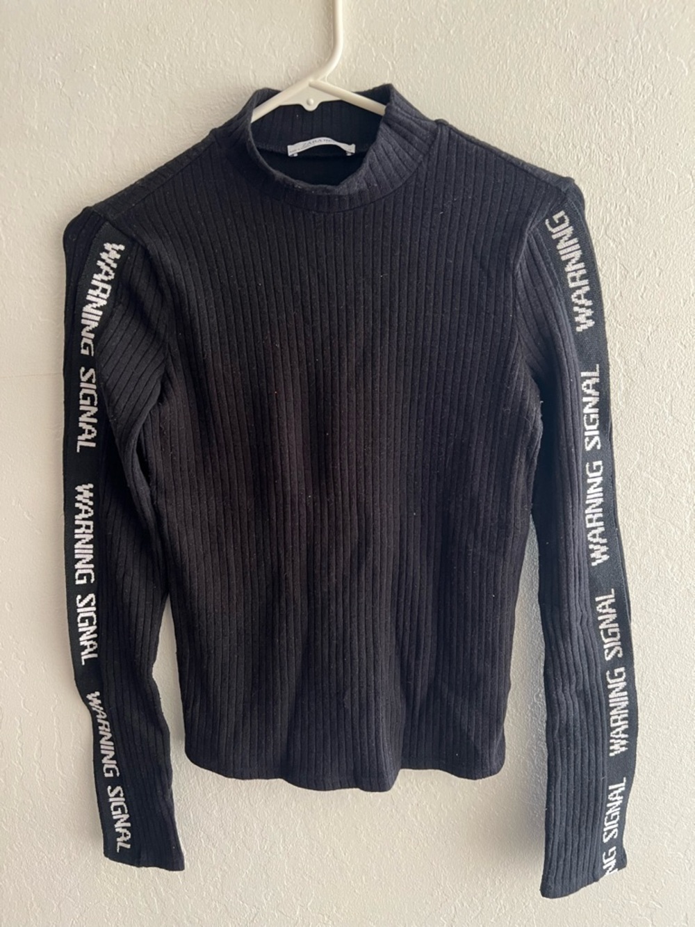Zara Trafaluc Black Ribbed Long Sleeve Top with 'Warning Signal' Sleeve Text